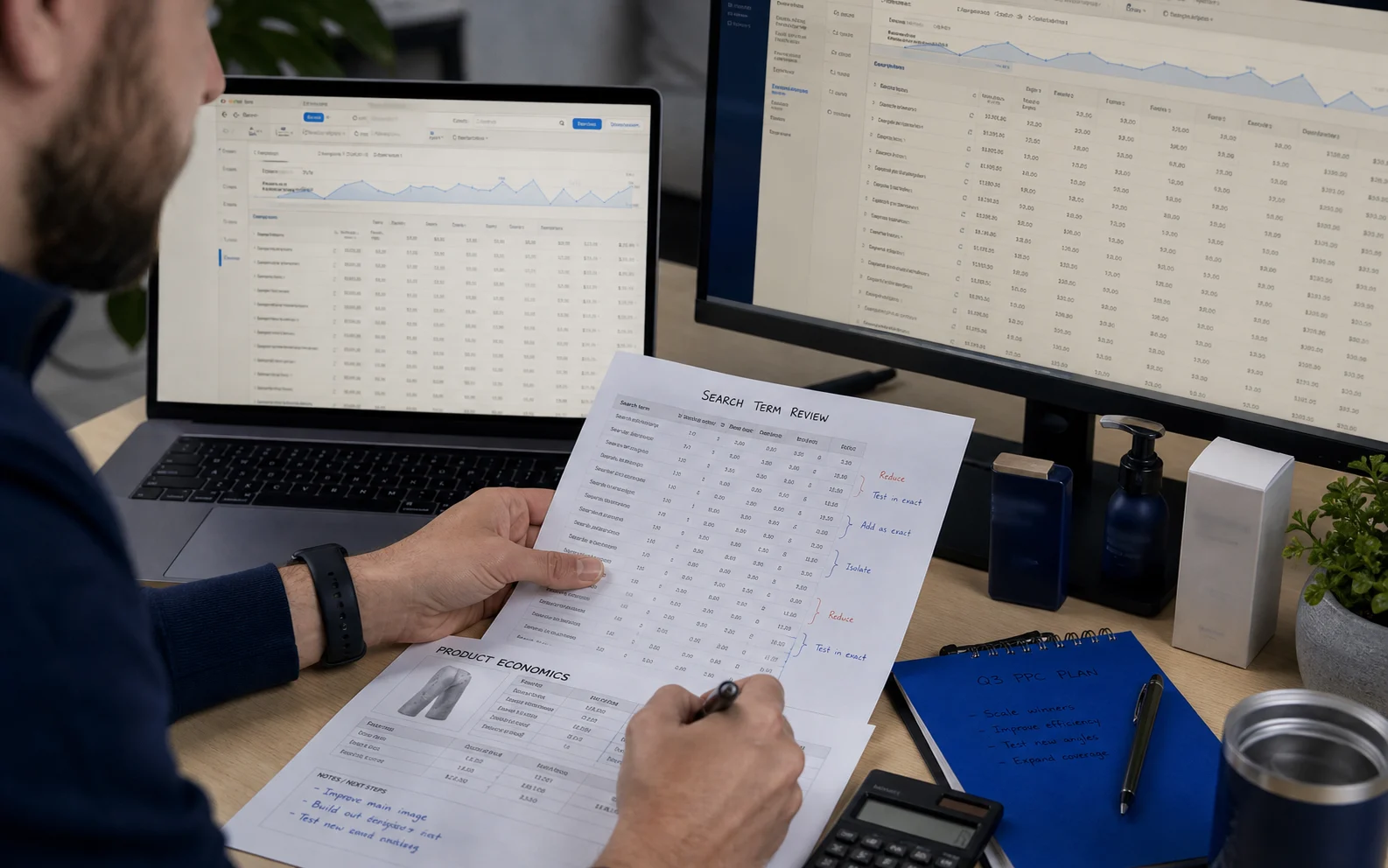 An advertising specialist reviews Amazon campaign structure, search terms, spend, ACoS, and a documented change log.