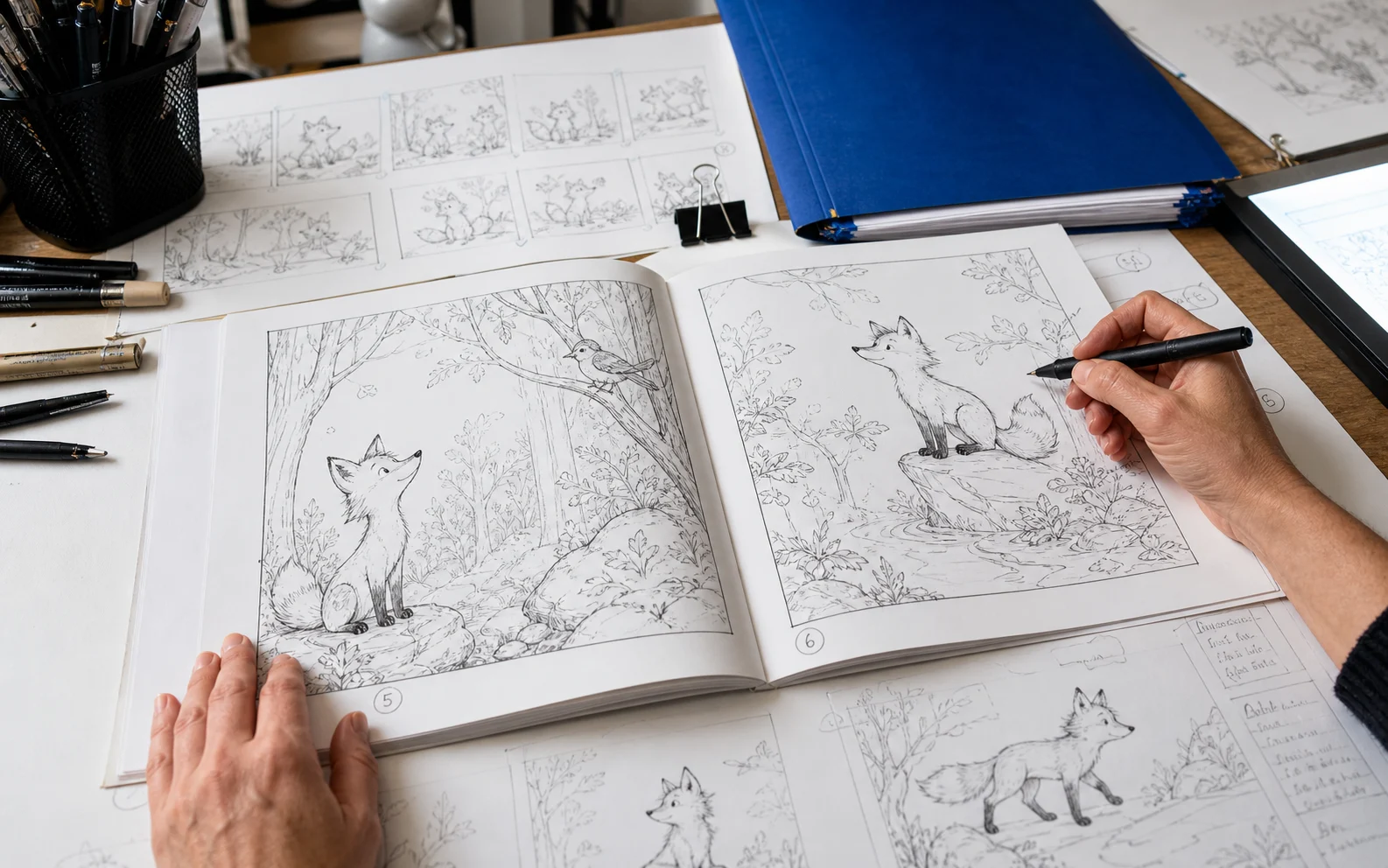 An illustrator reviews black-and-white coloring-book pages, character sketches, and a cover layout at a working desk.