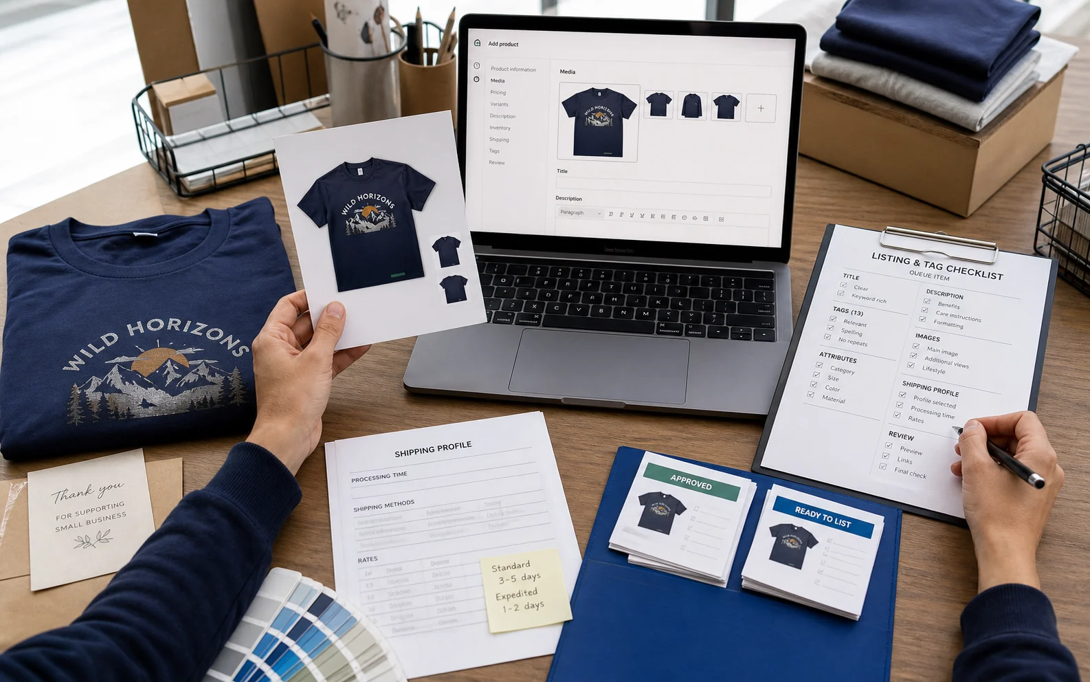A virtual assistant reviews an Etsy and POD listing queue, catalog tracker, customer-message rules, and exception log.