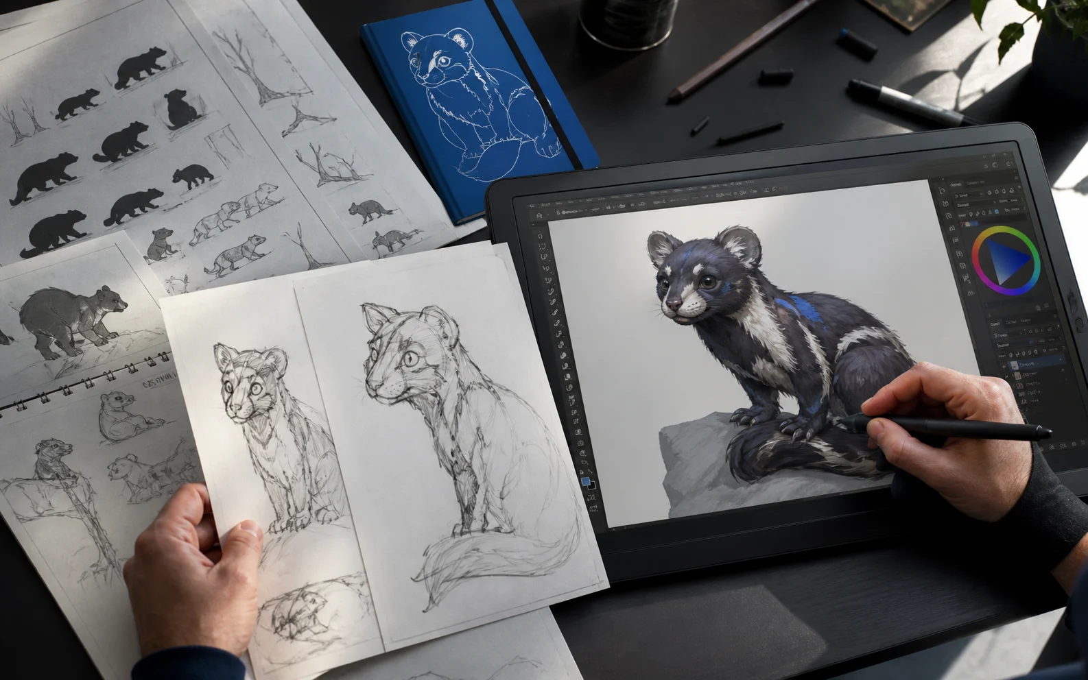 An original character moves from pencil concepts to a refined digital illustration.