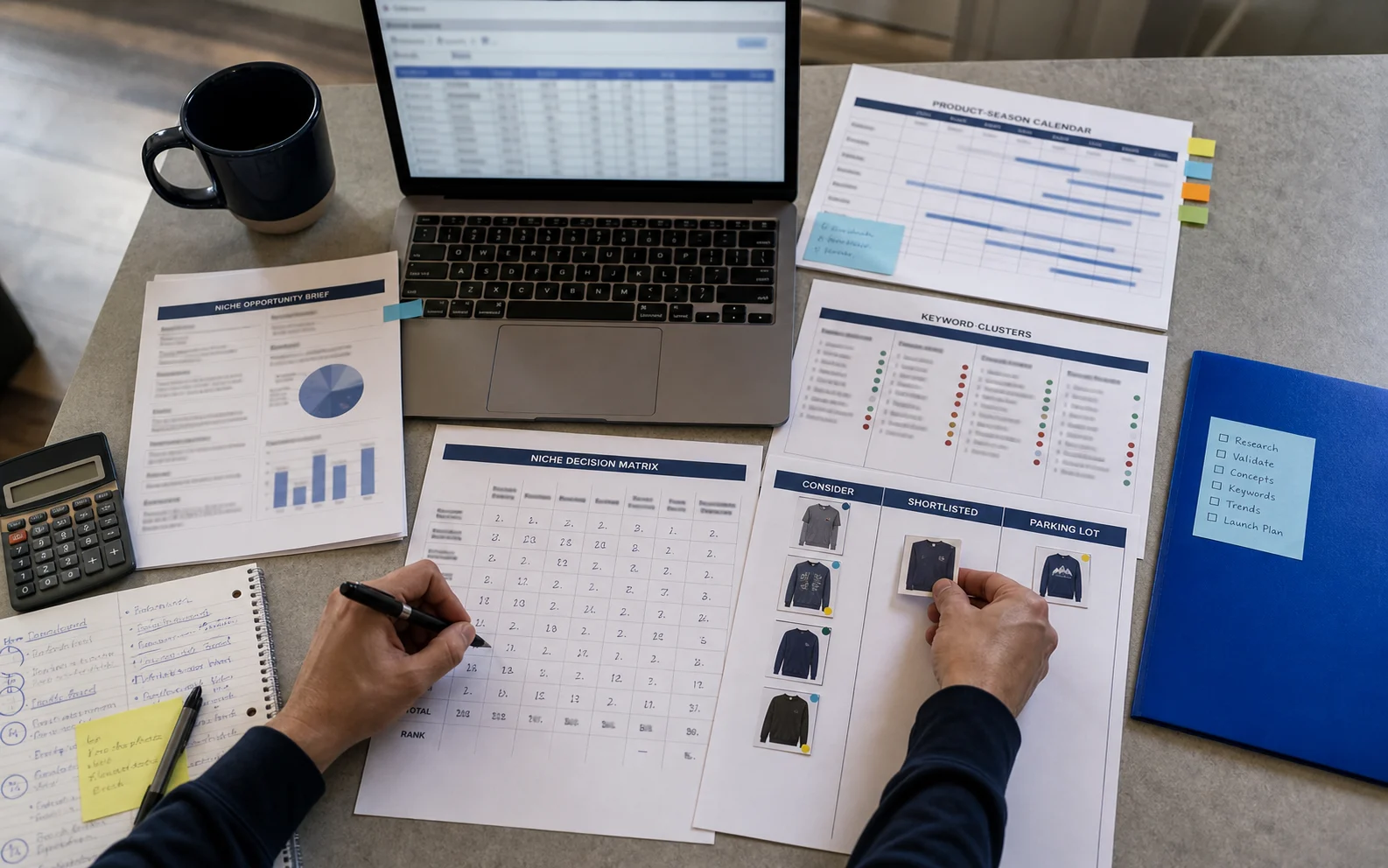A POD researcher reviews marketplace search patterns, buyer language, seasonal notes, and a prioritized niche spreadsheet.