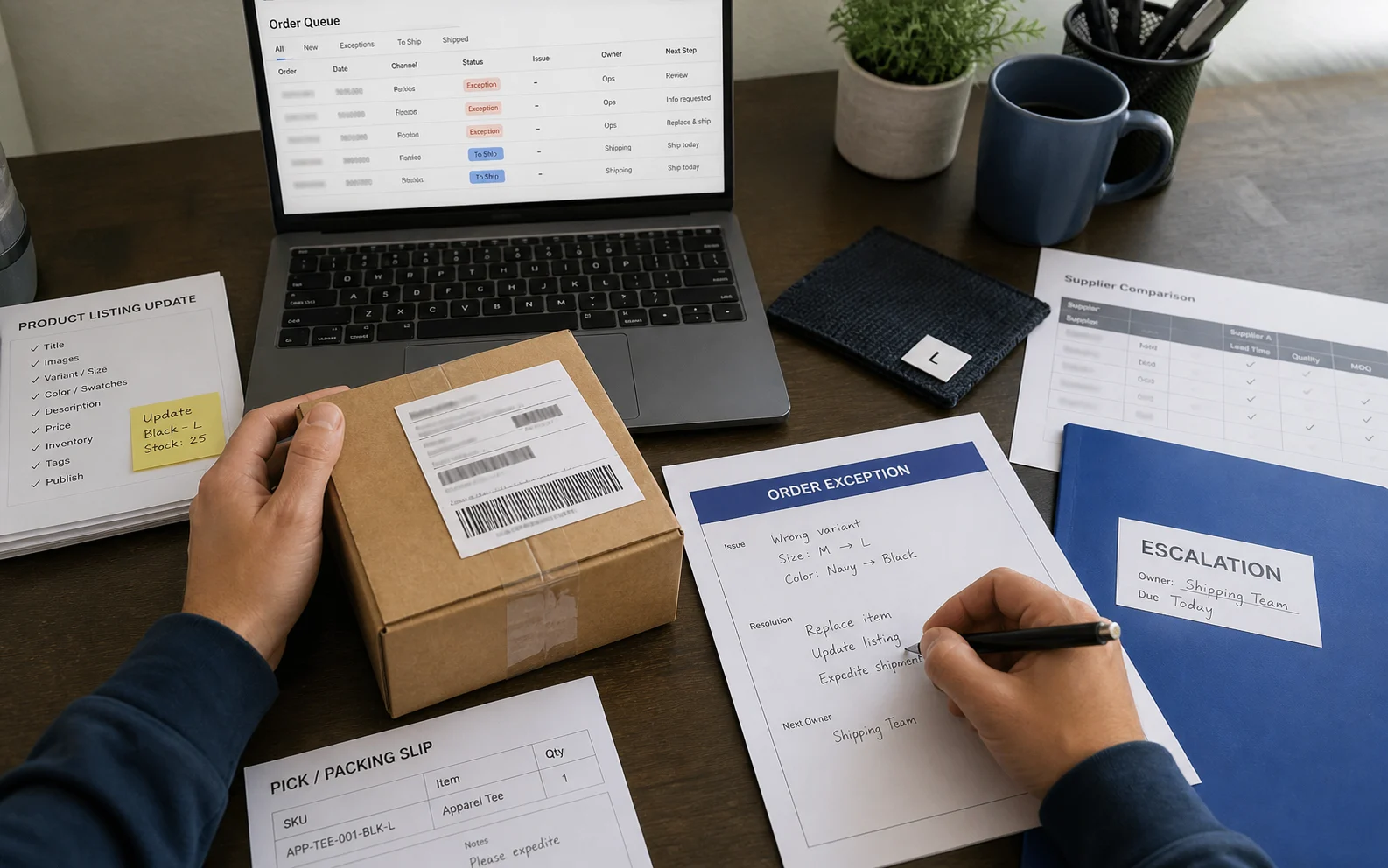 A Shopify virtual assistant reviews catalog changes, supplier updates, order status, support procedures, and an exception tracker.