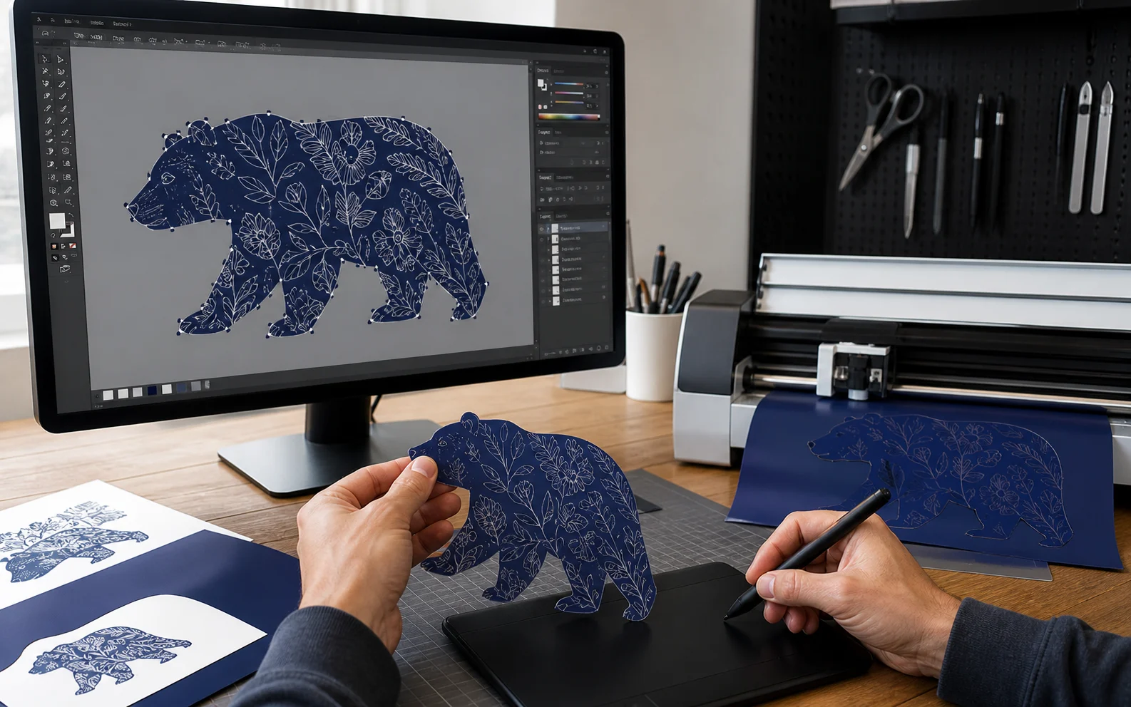 A vector designer inspects layered SVG artwork, path geometry, and cutting-machine test materials.