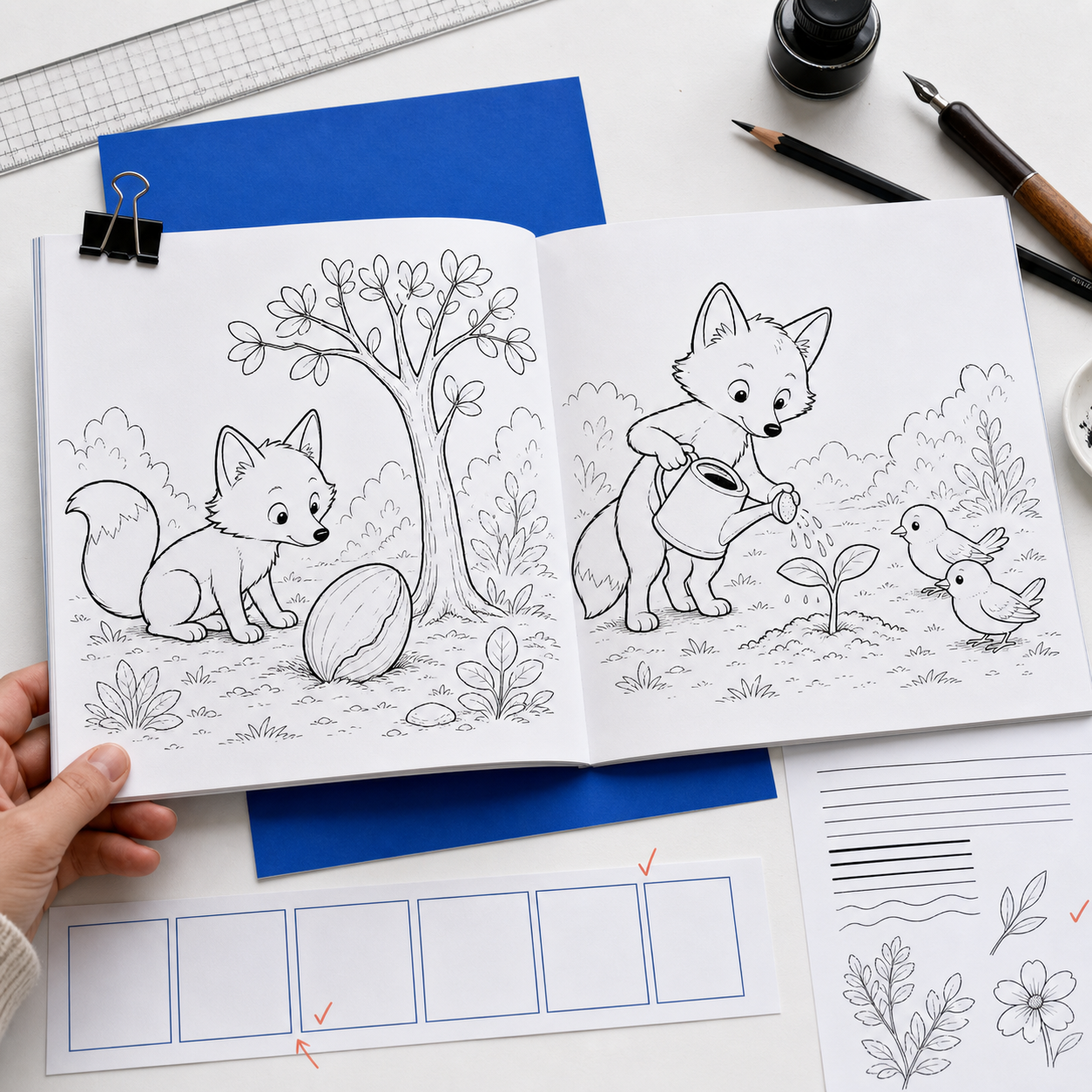 Open black-and-white coloring book showing recurring woodland characters across two pages.