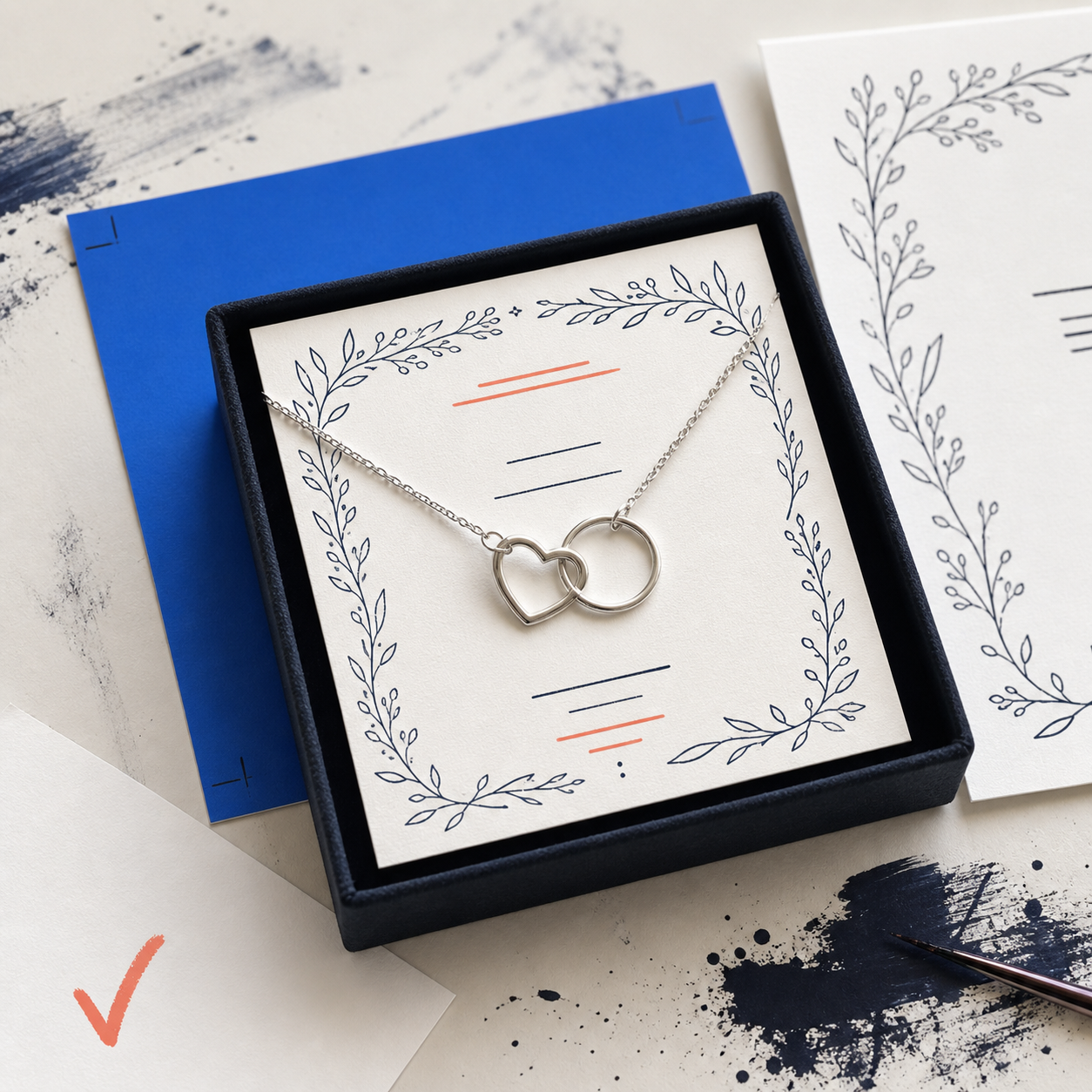 Interlocking pendant on a pale blue jewelry message card with original botanical ornament.