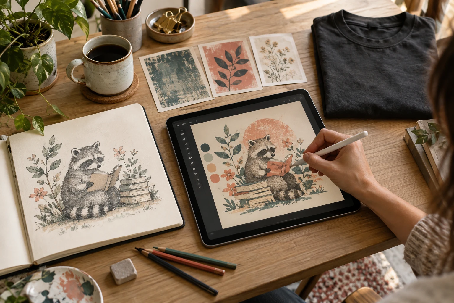 A designer drawing an original book-reading raccoon illustration with vintage color inspiration